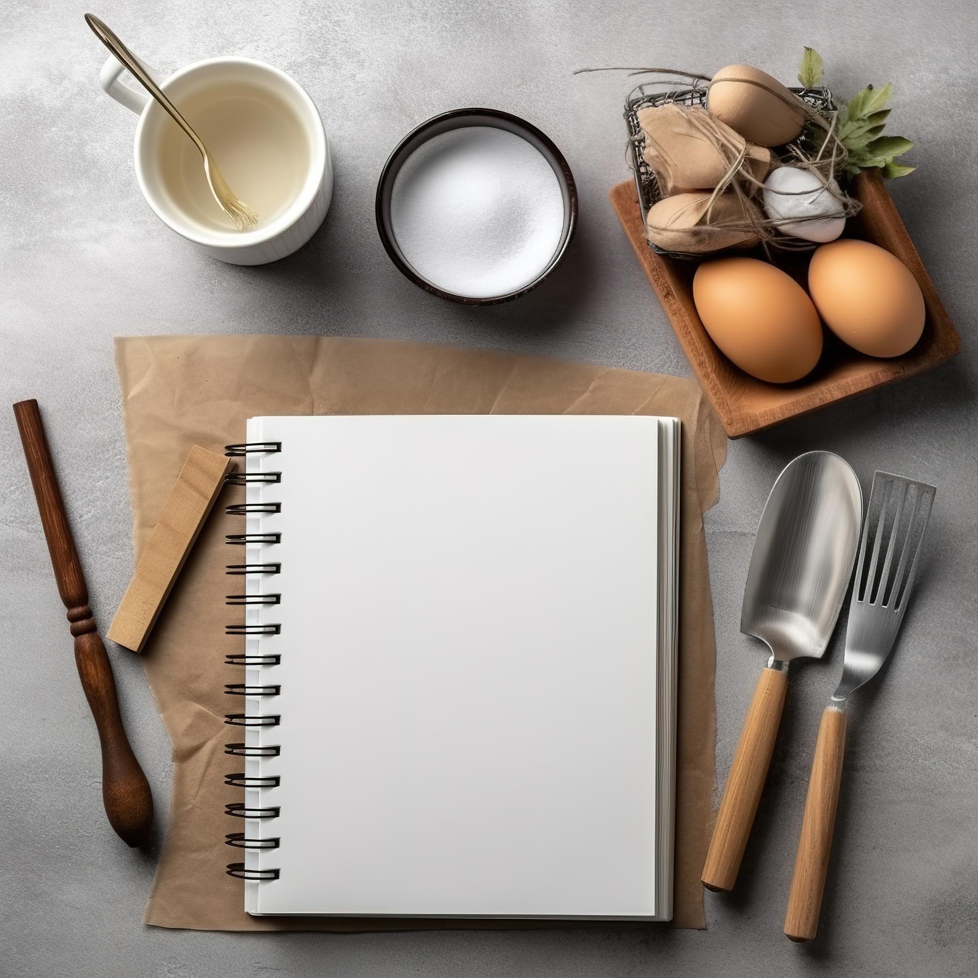 Tavolo con attrezzi da cucina e ricette